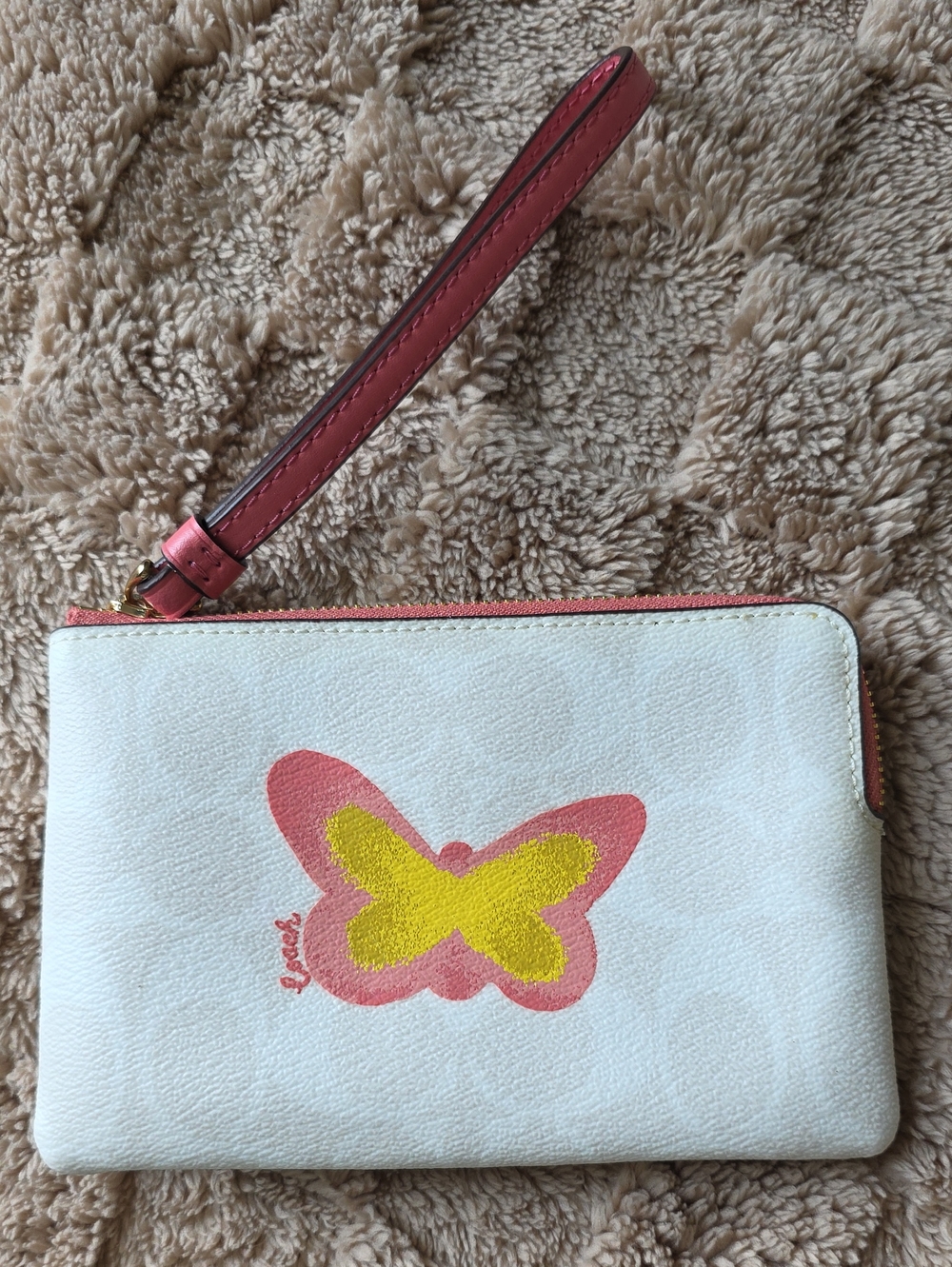Coach White Leather Wristlet with Pink Strap and Yellow-Pink Butterfly